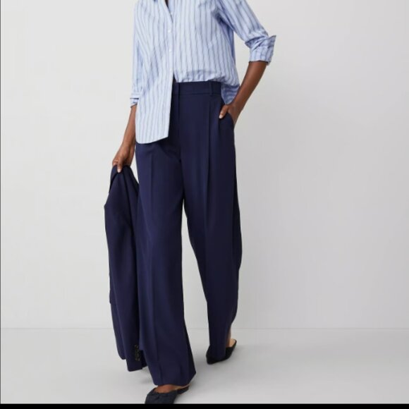 ANN TAYLOR PLEATED WIDE LEG TEXTURE DRAPE NAVY NIGHT SKY BLUE PANTS $129 14 - Picture 1 of 10